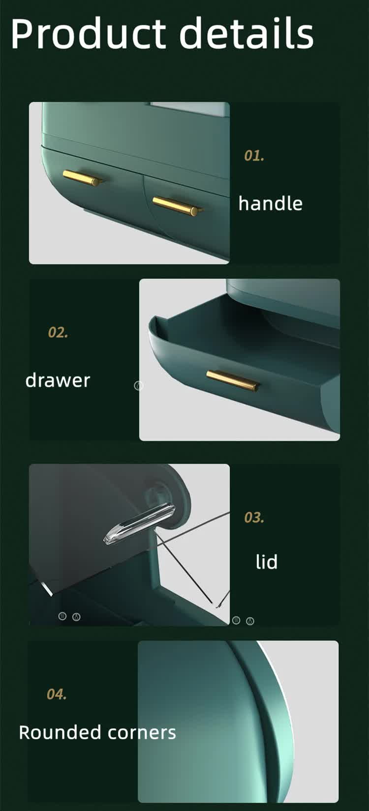 Green LED Vanity Makeup Organizer with Partition Storage and Touch-Control Mirror - Large Capacity Cosmetic Box 4