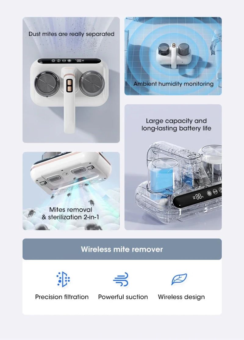 White Without humidity display Wireless Dust Mite Vacuum Cleaner with UV Sterilization and 10000Pa Suction - Model HK-518 5