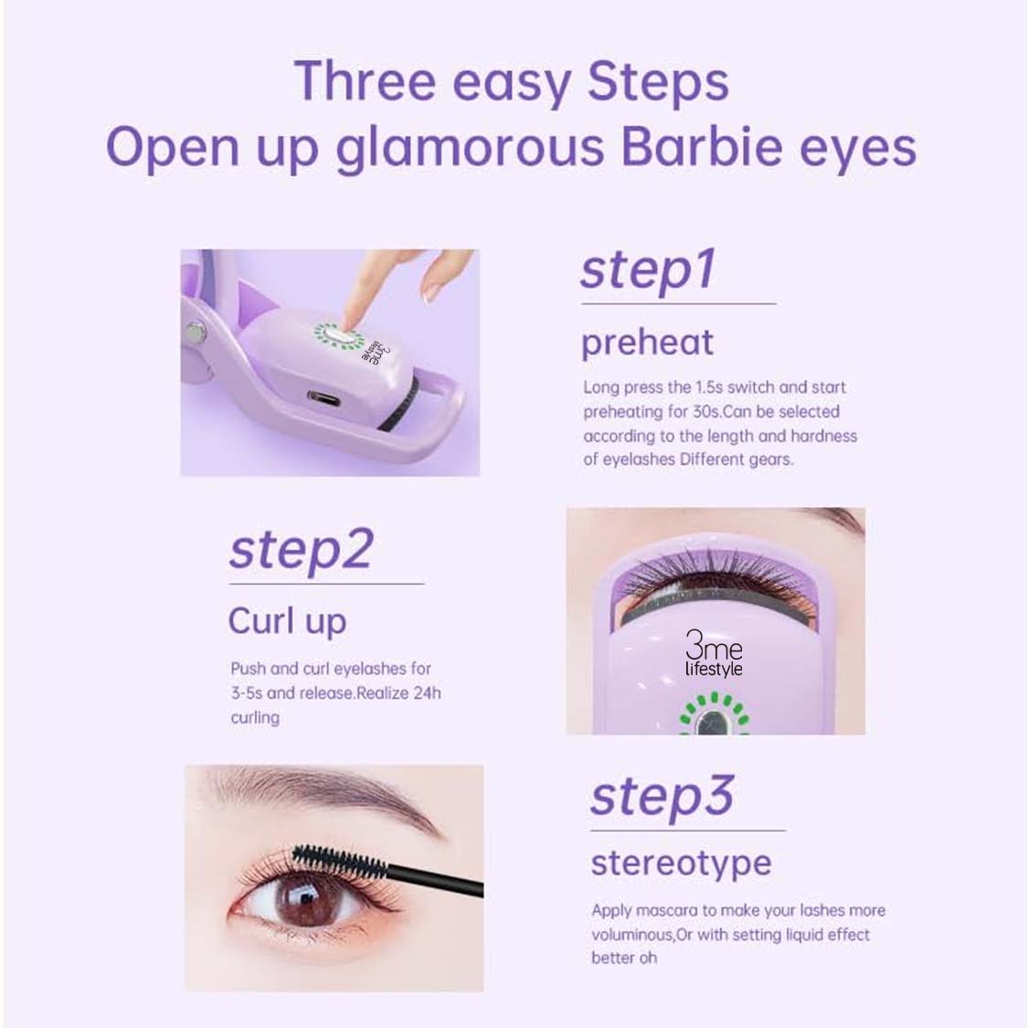 White Electric Heated Eyelash Curler - 3 Temperature Settings, Rechargeable, Compact Design 3