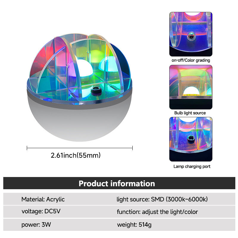 3W LED Acrylic Crystal Ball Night Light with Adjustable Colors - USB Powered 5