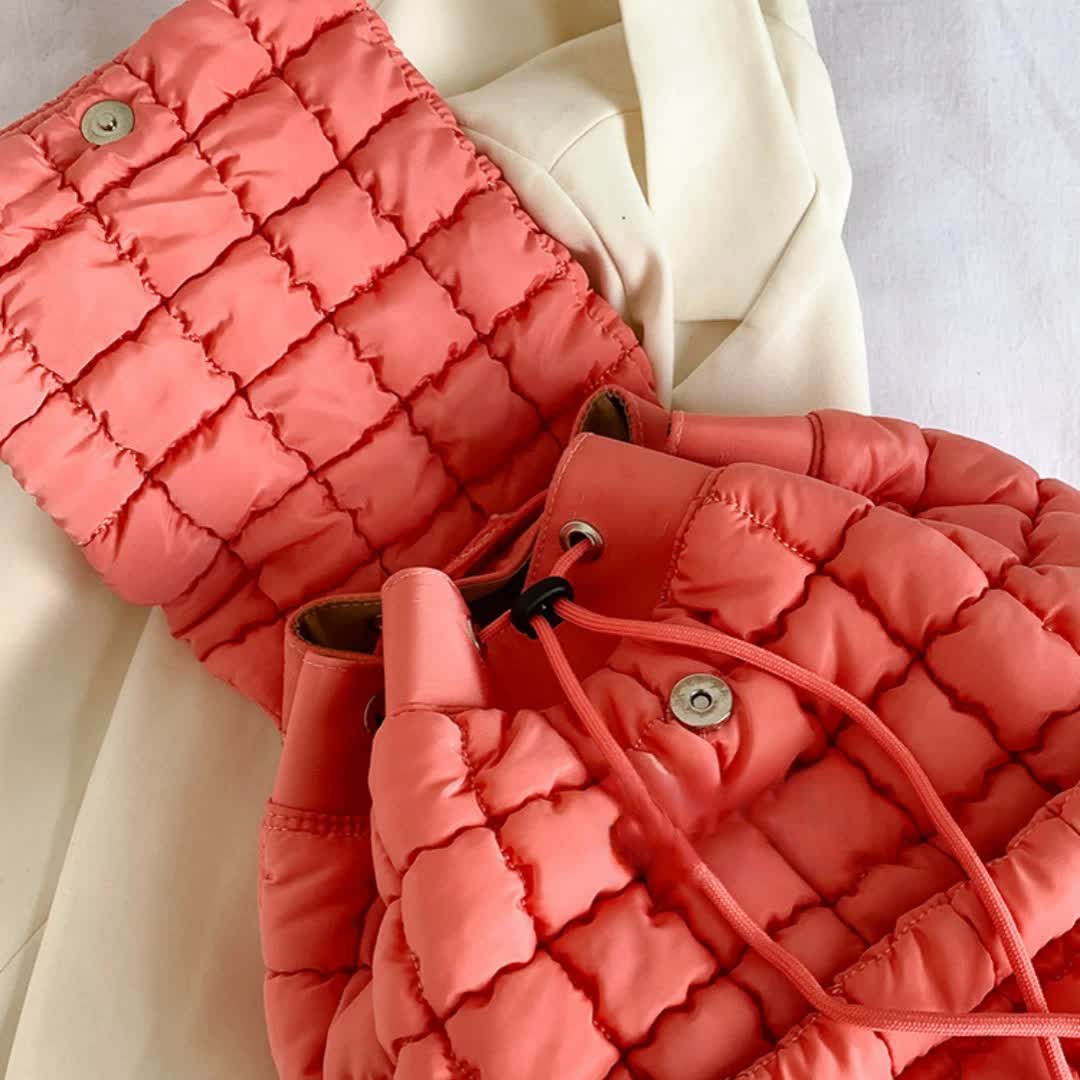 Lightweight Quilted Nylon Backpack with Adjustable Straps - Pink 3