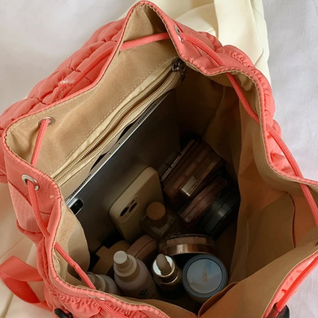 Lightweight Quilted Nylon Backpack with Adjustable Straps - Coffee 5