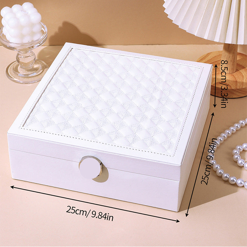 White Luxury Quilted Jewelry Storage Box with Mirror and Multi-Layer Compartments 3