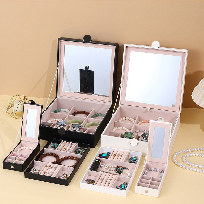 White Luxury Quilted Jewelry Storage Box with Mirror and Multi-Layer Compartments 4