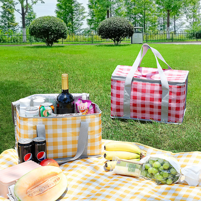 2PCS Yellow Insulated Picnic Lunch Bag with Checkered Design, Thermal Storage for Hot and Cold Items 3