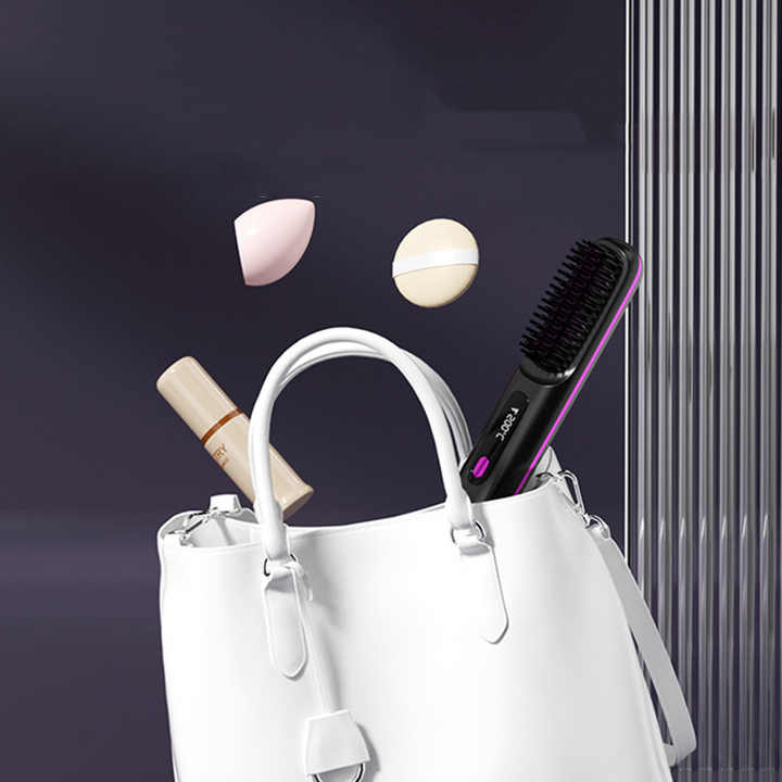 Pink Wireless Hair Straightening Brush - Compact and Rechargeable Styling Tool 4