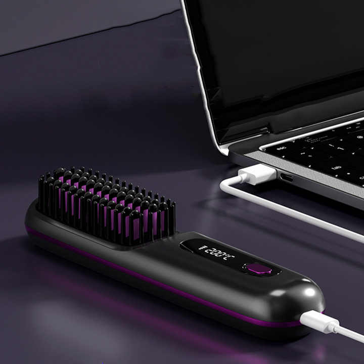 Purple Wireless Hair Straightening Brush - Compact and Rechargeable Styling Tool 3