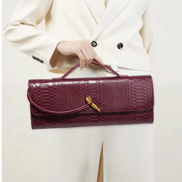 Wine Red Elegant PU Leather Clutch Bag with Snake Print Design - Multi-color Options 5