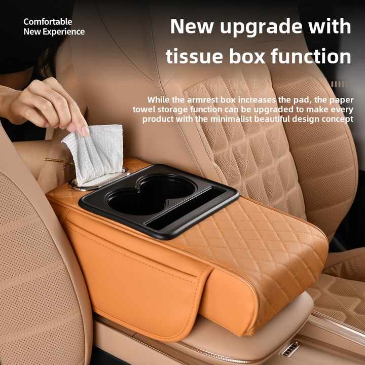 GT-6 No embroidery Gray ,Multifunctional Car Armrest Storage Box Cushion - Universal Fit with Cup Holder and Tissue Dispenser 3