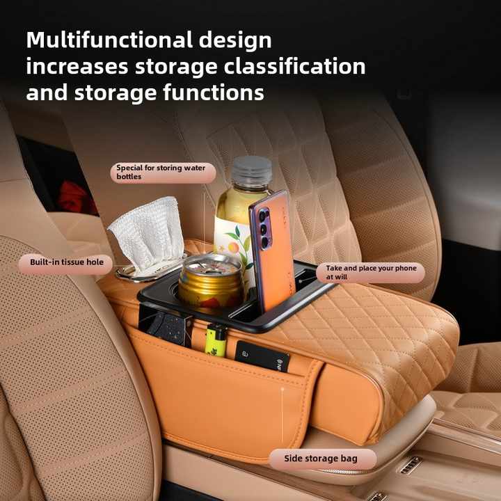 GT-6 No embroidery Wine Red ,Multifunctional Car Armrest Storage Box Cushion - Universal Fit with Cup Holder and Tissue Dispenser 5