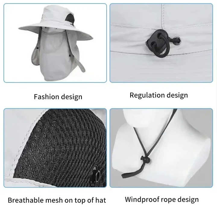 Dark Gray Outdoor UV Protection Sun Hat with Detachable Face and Neck Flap - Wide Brim, Breathable, and Lightweight 4