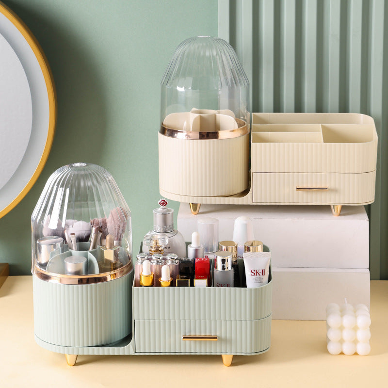 Cream Color Rotating Makeup Organizer Box - Multi-Compartment Cosmetic Storage with Dustproof Cover 3