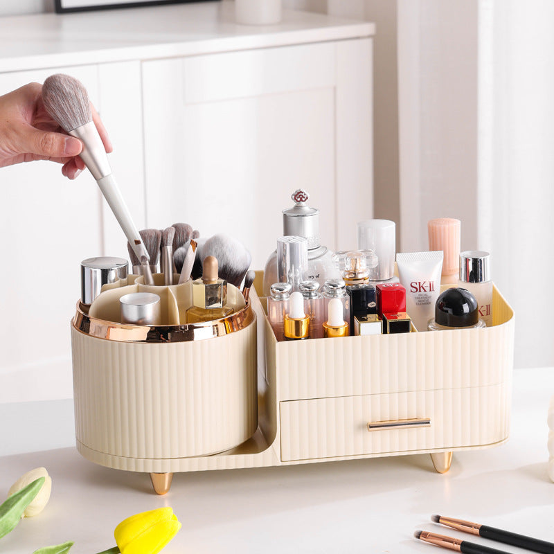 Cream Color Rotating Makeup Organizer Box - Multi-Compartment Cosmetic Storage 3