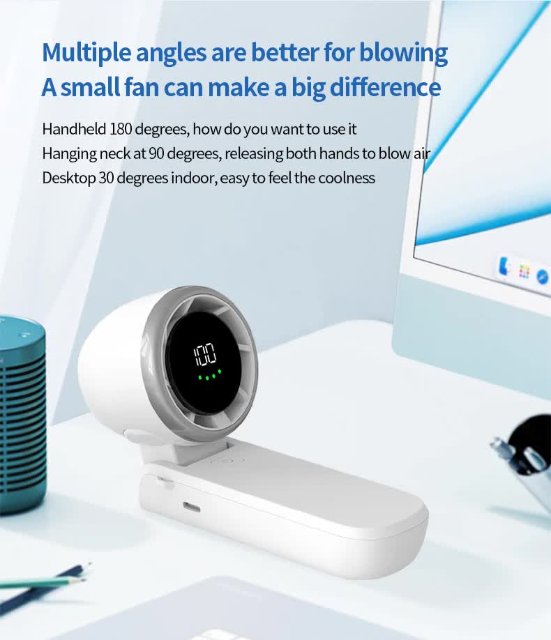 White Portable USB Rechargeable Handheld Fan with Digital Display 4