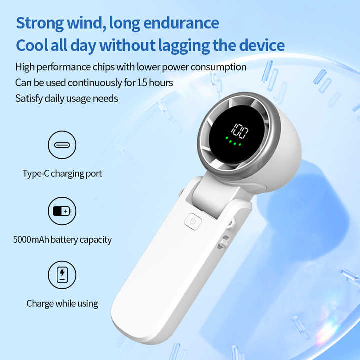White Portable USB Rechargeable Handheld Fan with Digital Display 5