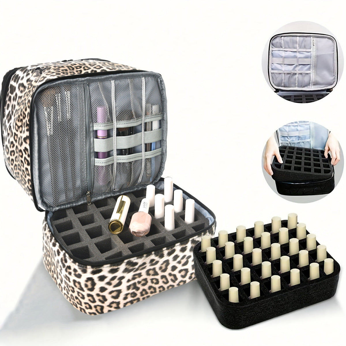 Black Marble Double-Layer PU Nail Polish Storage Case with High Capacity for Essential Oils and Nail Lamp - Portable & Adjustable 5