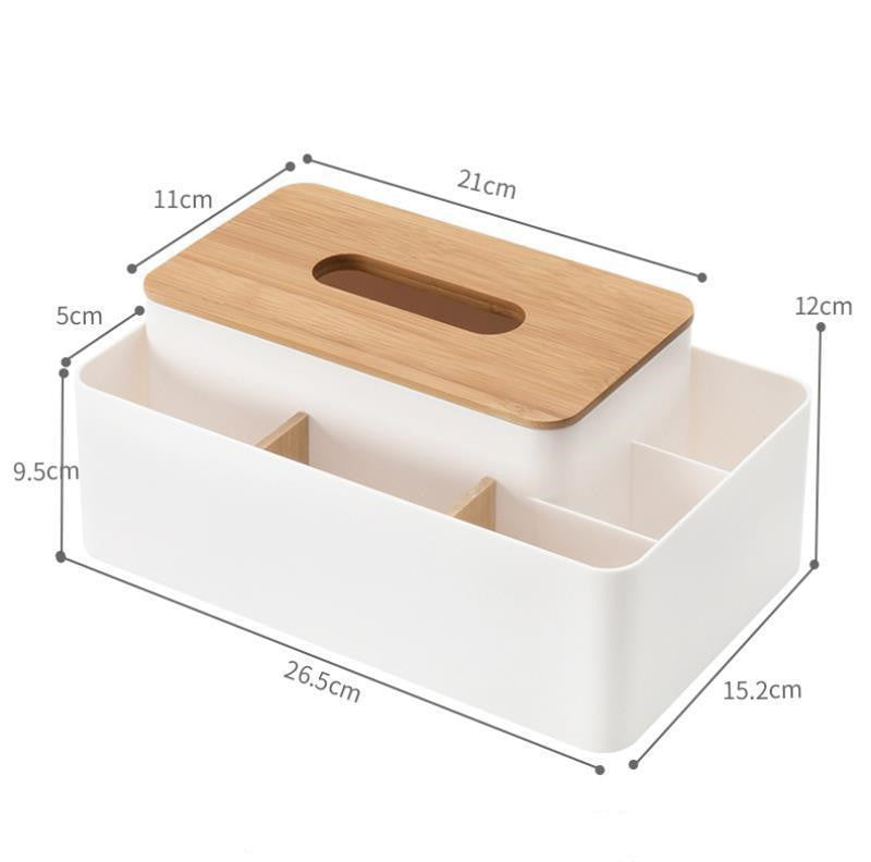 White Multifunctional Tissue Box Organizer - Bamboo Lid with Dividers for Desktop Storage 3