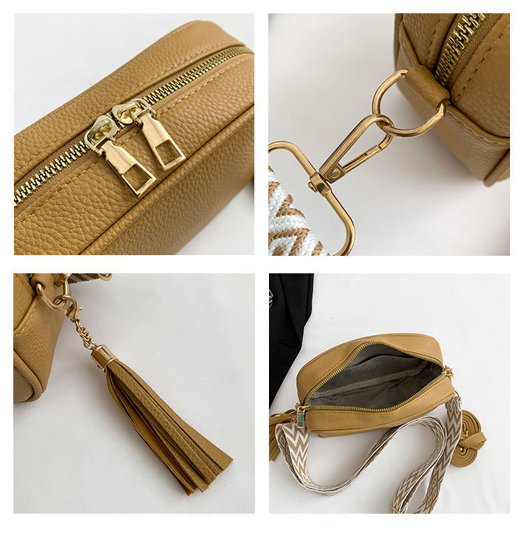 White Trendy Crossbody Shoulder Bag with Tassel Accent - Compact and Stylish 3