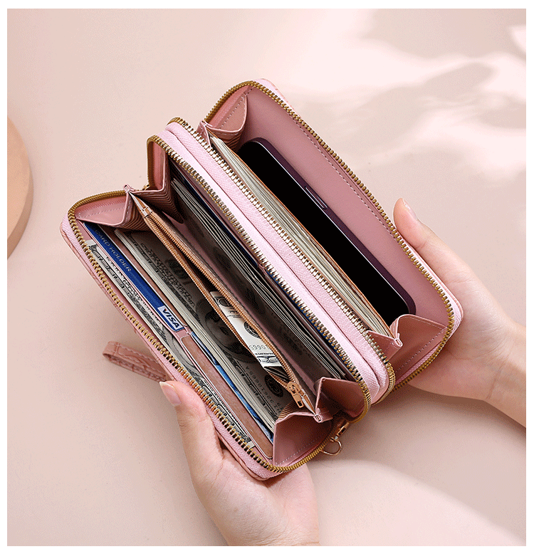 2 PCS Pink Elegant Floral Embossed Long Wallet with Double Zipper 4
