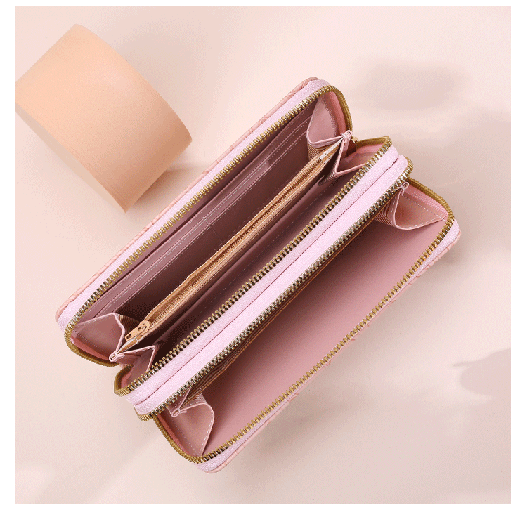 2 PCS Khaki Elegant Floral Embossed Long Wallet with Double Zipper 3