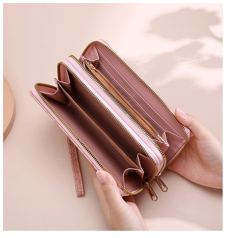 2 PCS Black Elegant Floral Embossed Long Wallet with Double Zipper 5