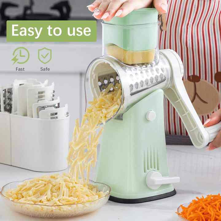 Green 10-in-1 Manual Vegetable Slicer with Interchangeable Blades - Multifunctional Rotary Grater and Shredder for Kitchen Use 3
