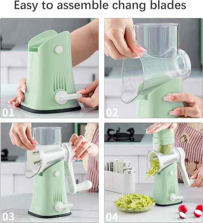 Green 10-in-1 Manual Vegetable Slicer with Interchangeable Blades - Multifunctional Rotary Grater and Shredder for Kitchen Use 4