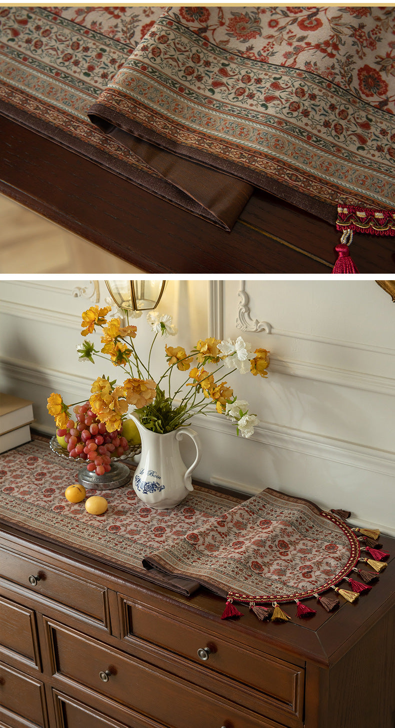 Red Vintage Bohemian Tassel Table Runner - 40x180cm Decorative Linen