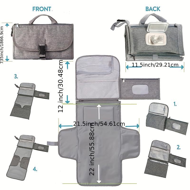 Grey Portable Baby Diaper Changing Pad with Storage Pockets - Travel Essentials for Parents 3