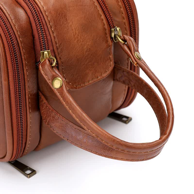 Brown Vintage Leather Makeup Bag with Multi-Compartment Organizer - Travel Cosmetic Case 3