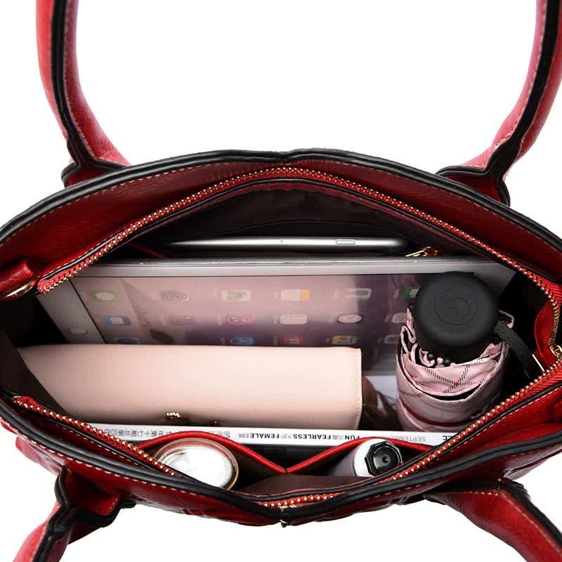 Red  Elegant Embossed Rose Leather Handbag - Vintage Style Tote Bag 3