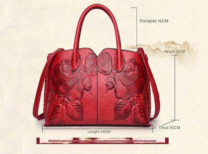 Red  Elegant Embossed Rose Leather Handbag - Vintage Style Tote Bag 4