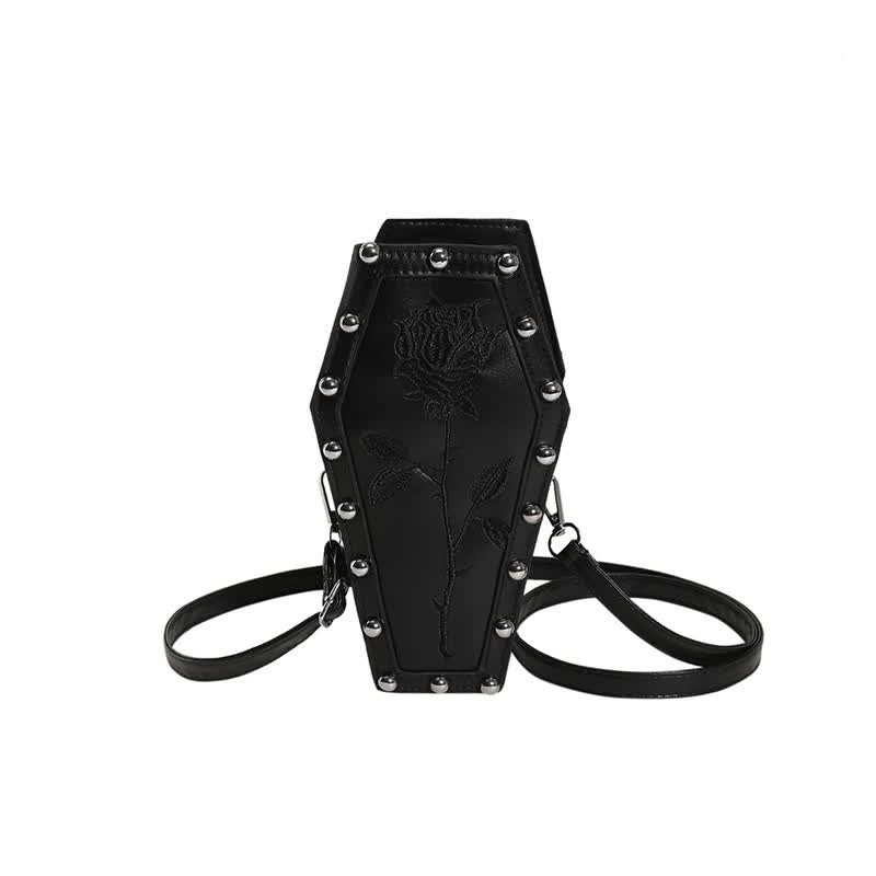 White Gothic Red Coffin-Shaped Crossbody Bag with Embroidered Rose - Unique Fashion Statement 3