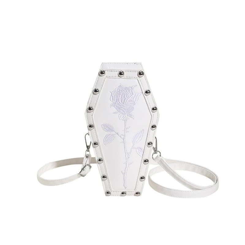 White Gothic Red Coffin-Shaped Crossbody Bag with Embroidered Rose - Unique Fashion Statement 4