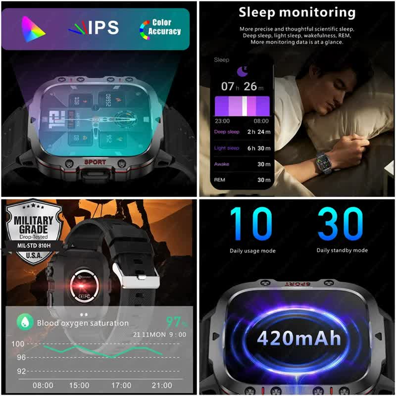 Beige Rugged Smart Fitness Watch - Waterproof, Multi-Sport Modes, and Health Tracking 4