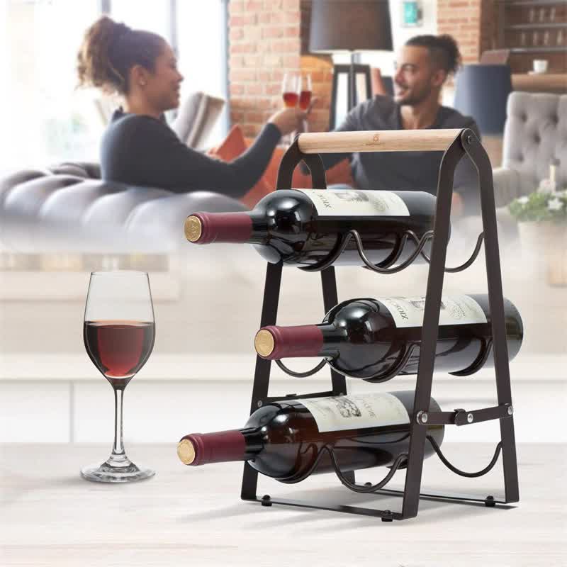 Folding Metal Wine Rack - Space-Saving 6-Bottle Storage Organizer with Wooden Handle 3