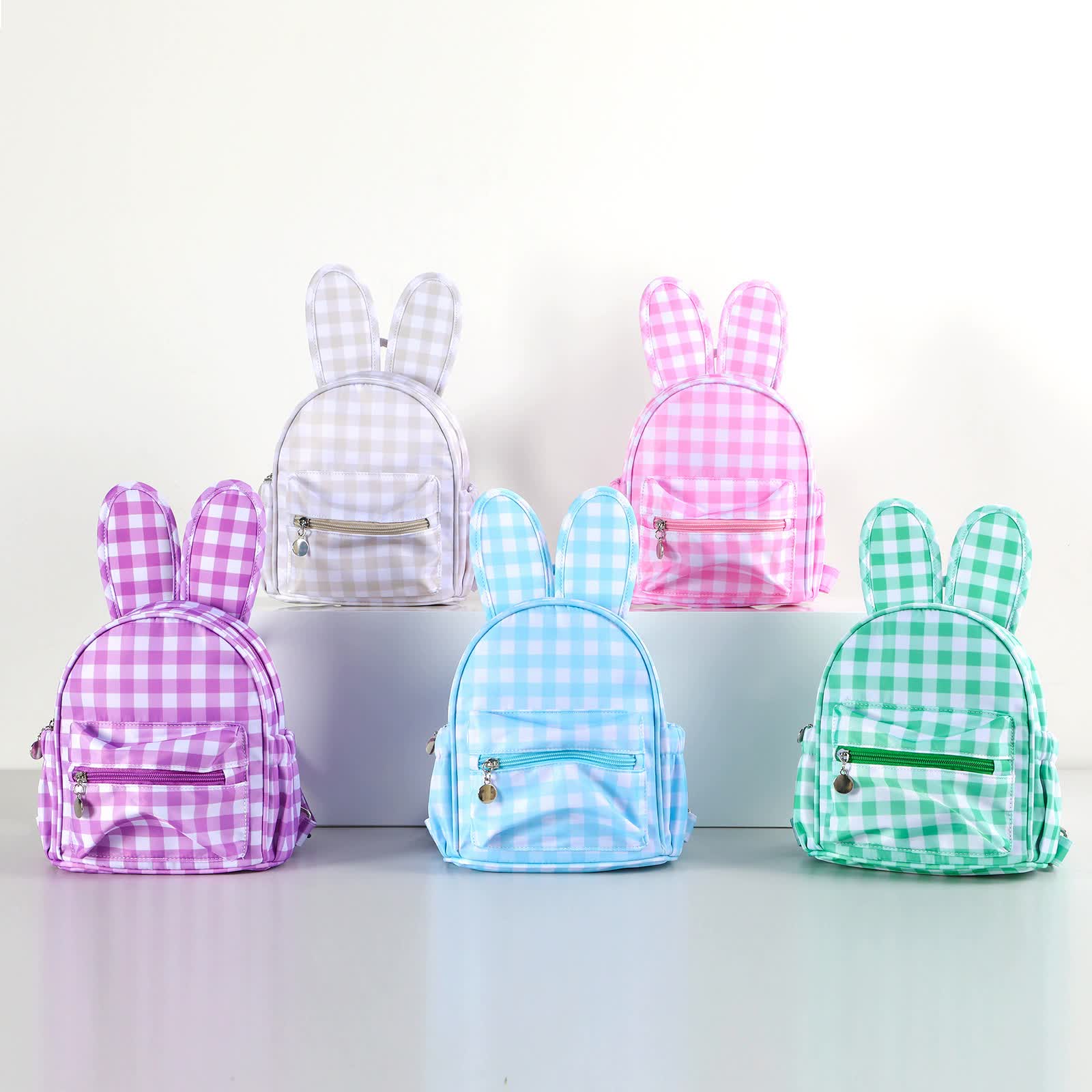 Blue Kids Bunny Ear Gingham Backpack - Cute Mini Bag for Girls 3