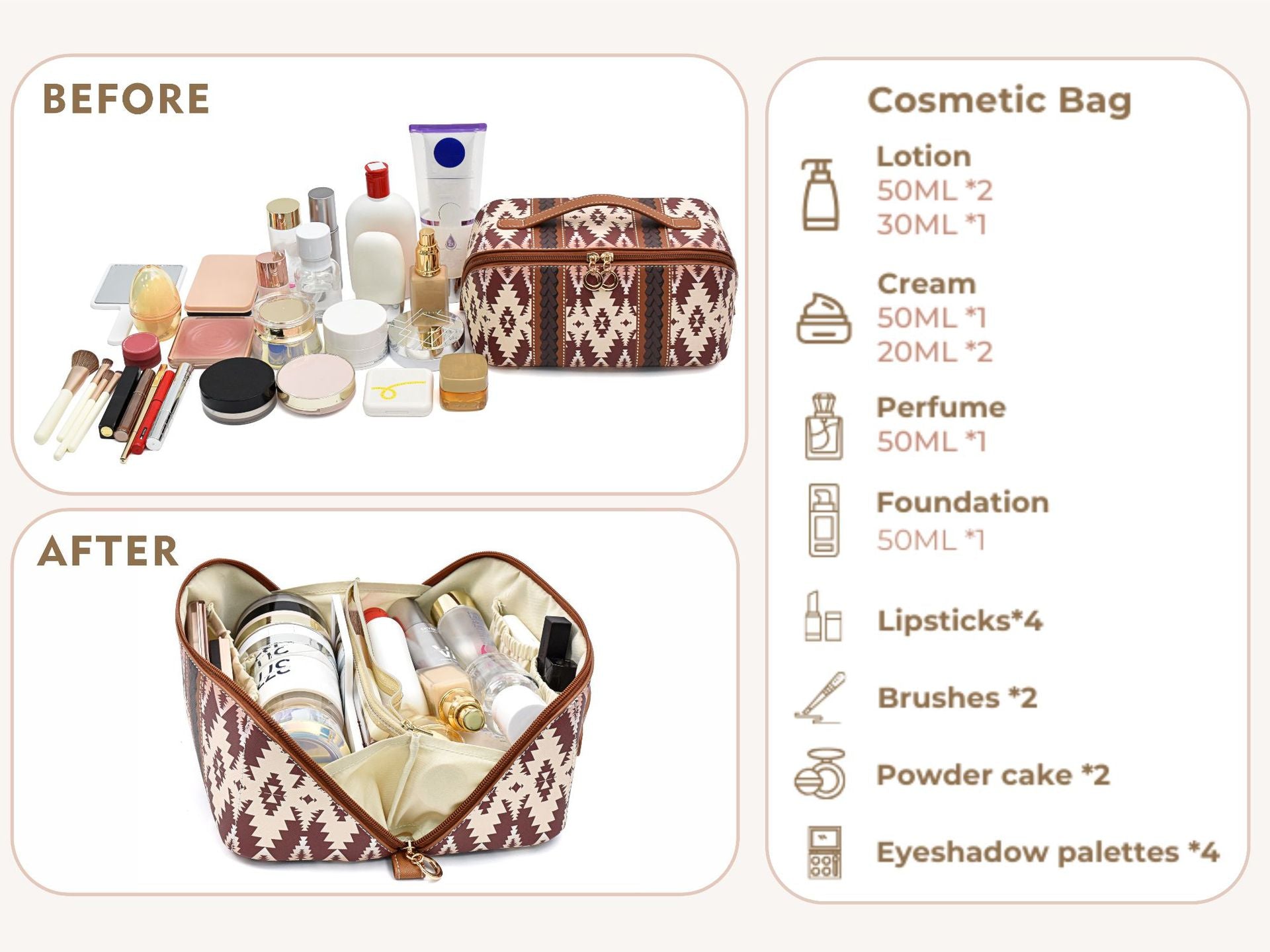 Brown Boho Travel Cosmetic Bag - Large Waterproof Makeup Organizer with Handle 7