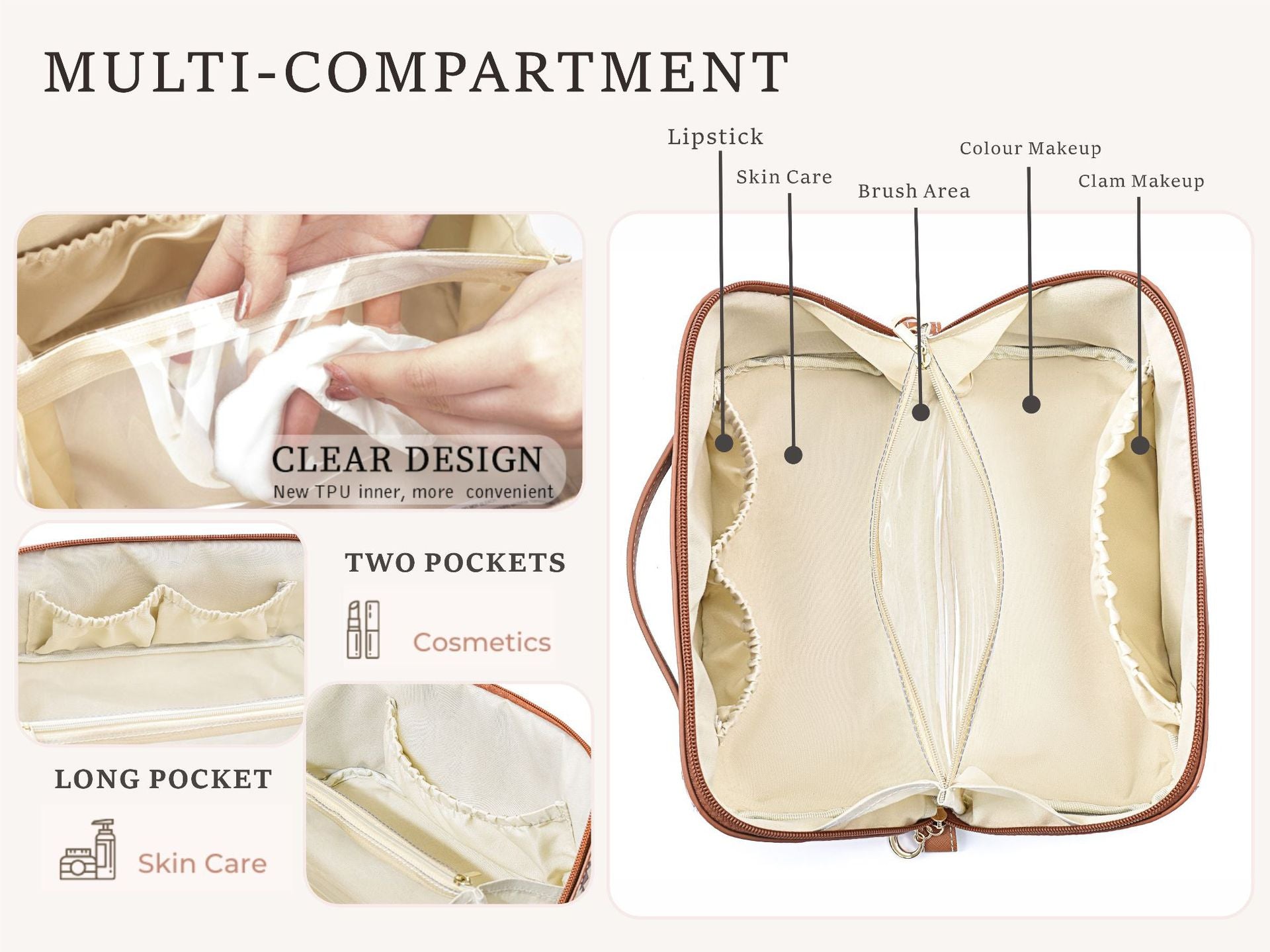 Black Horizontal Pattern Boho Travel Cosmetic Bag - Large Waterproof Makeup Organizer with Handle 6