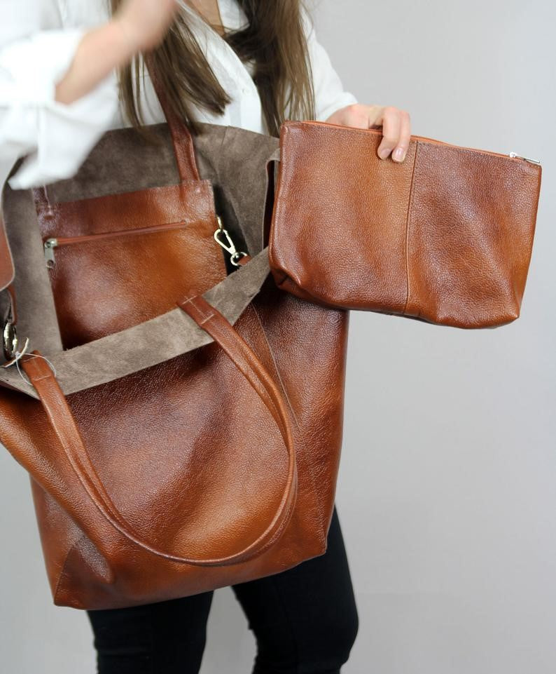 Brownish Classic Large PU Leather Tote Bag with Inner Pouch - Elegant and Functional 3