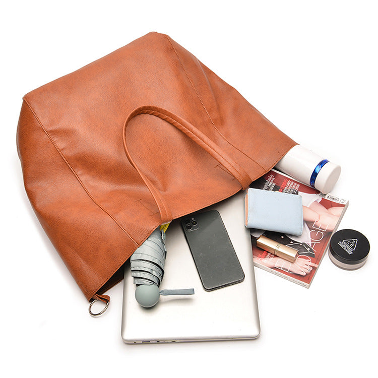Brownish Classic Large PU Leather Tote Bag with Inner Pouch - Elegant and Functional 5