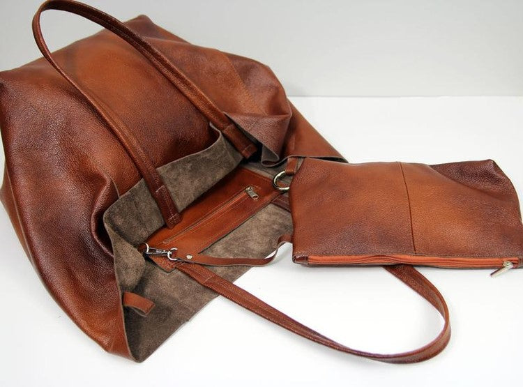 Grey-green Classic Large PU Leather Tote Bag with Inner Pouch - Elegant and Functional 5