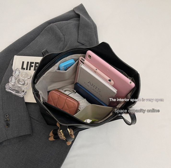 Brown Elegant Black PU Leather Tote Bag with Cute Bear Keychain - Large Capacity Handbag for Women (38 x 26 x 13 cm) 3