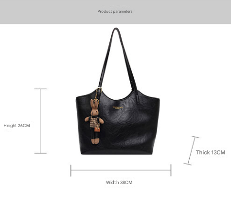 Coffee Brown Elegant Black PU Leather Tote Bag with Cute Bear Keychain - Large Capacity Handbag for Women (38 x 26 x 13 cm) 4
