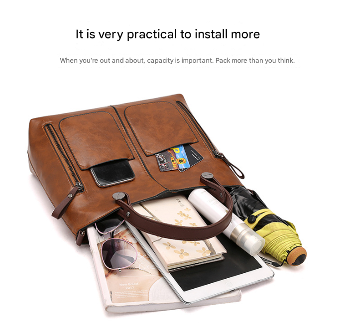 Brown Women's Classic PU Leather Tote Bag with Double Handles - Multi-Pocket Shoulder Bag in Black 3