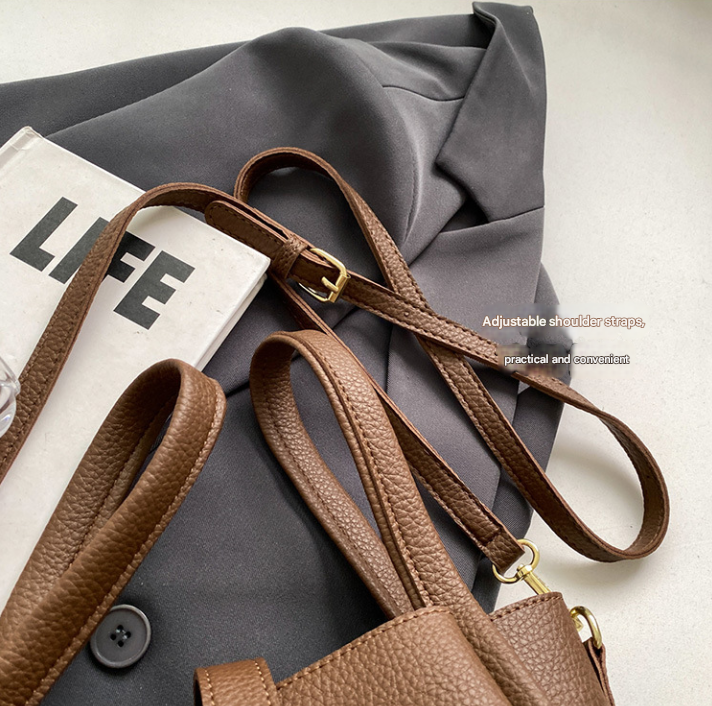 Beige Elegant Leather Shoulder Bag - Compact Handbag with Adjustable Strap 4