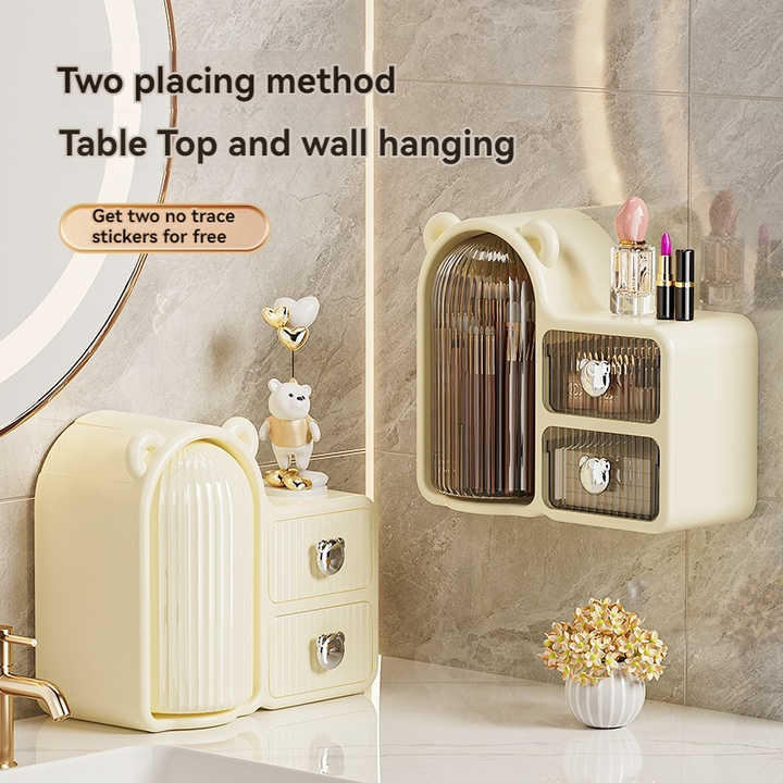 White-brown Cute Bear-Themed Multi-Functional Cosmetic Storage Organizer with Drawers 5