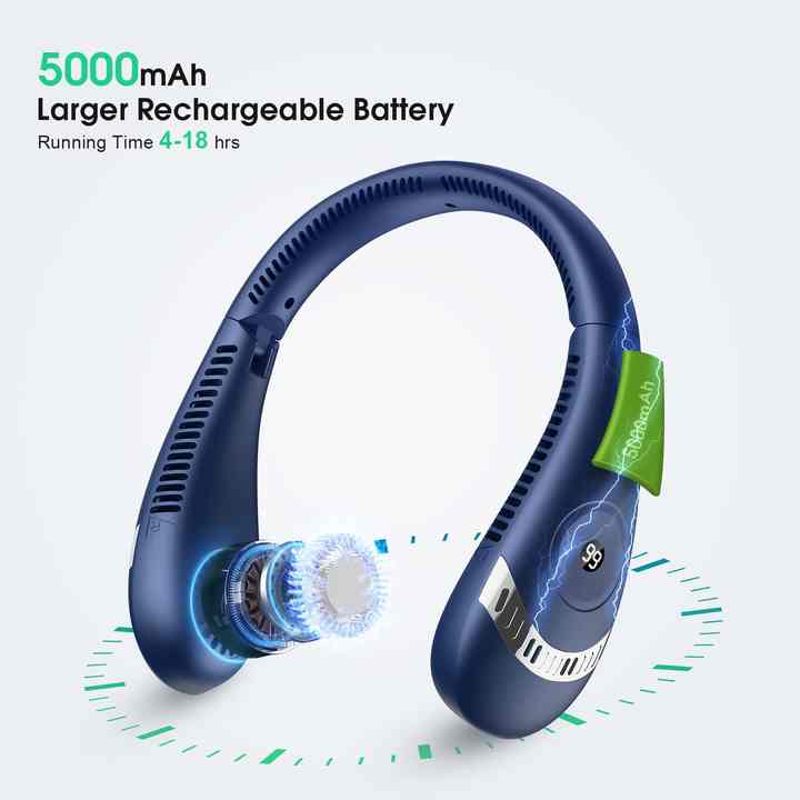 Dark Blue Rechargeable 5000mAh Portable Neck Fan with 3-Speed Settings 3