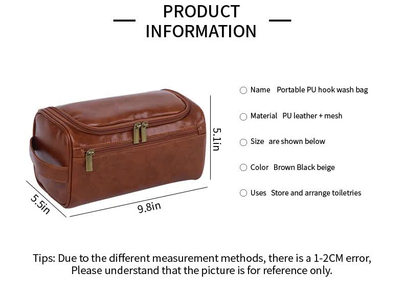 Brown Premium PU Leather Travel Toiletry Bag with Zipper Compartments 4