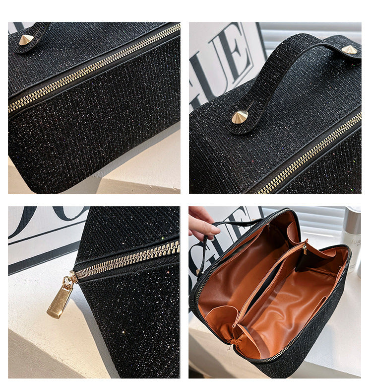 Grey Elegant Glitter Cosmetic Bag with Zipper and Handle